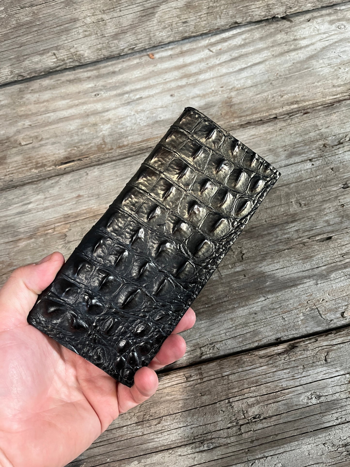 Handmade Leather Wallets, Long Wallet-Black and Gold Croc