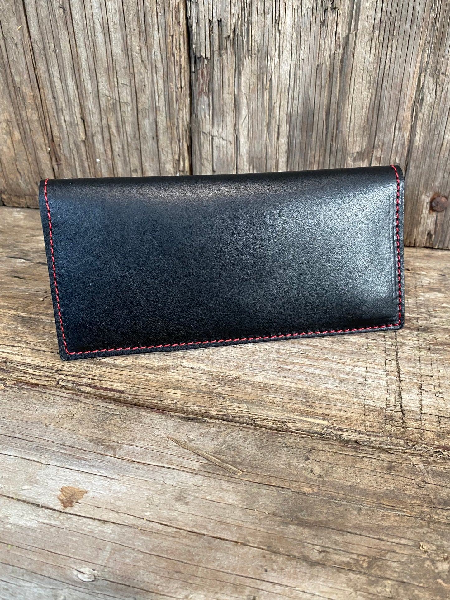 Handmade Leather Wallets, Long Wallet-Black Bridle/Red